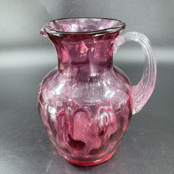 Vintage Pilgrim Glass Cranberry Optic Glass Pitcher Small Creamer Hand Blown VTG - Picture 11 of 14